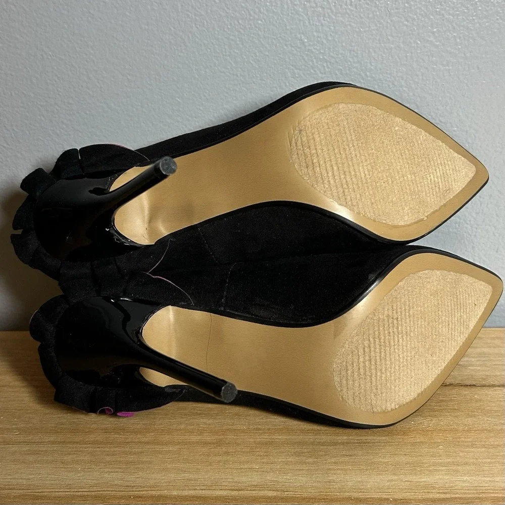Betsey Johnson Black Suede Purple Ruffle Dorthi Pointed Toe Stiletto Pump Heels